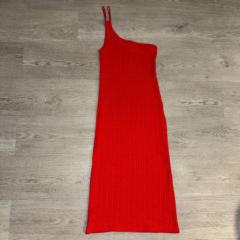 Zara Red Asymmetric Cable Knit Midi Dress